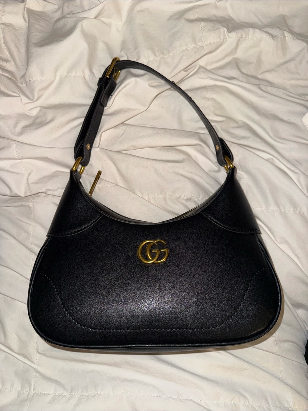 Black Leather Shoulder Bag with Gold Double G